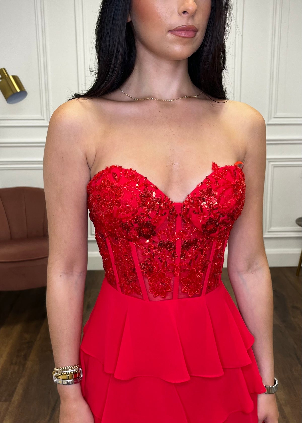 Red Prom Dress With Beaded Top And Tiered Ruffle Skirt