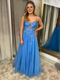 Sky Blue A-Line Dress With Lace Up Back And Sequin Detail