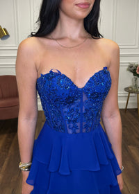 Royal Blue Prom Dress With Beaded Top And Tiered Ruffle Skirt