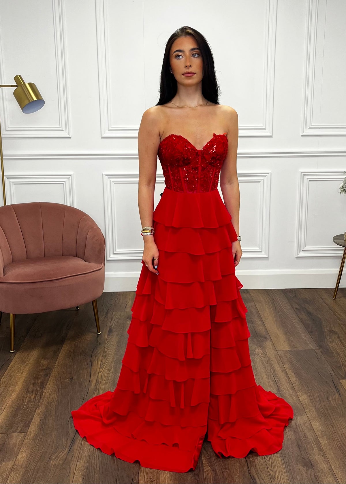 Red Prom Dress With Beaded Top And Tiered Ruffle Skirt
