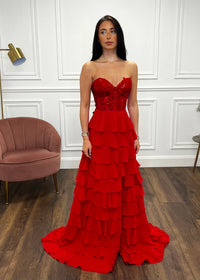 Red Prom Dress With Beaded Top And Tiered Ruffle Skirt