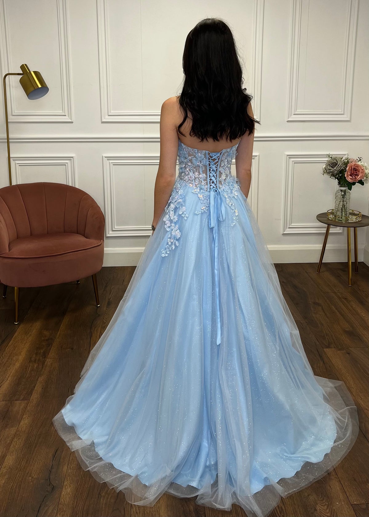 Powder Blue Strapless Ballgown With 3D Detail
