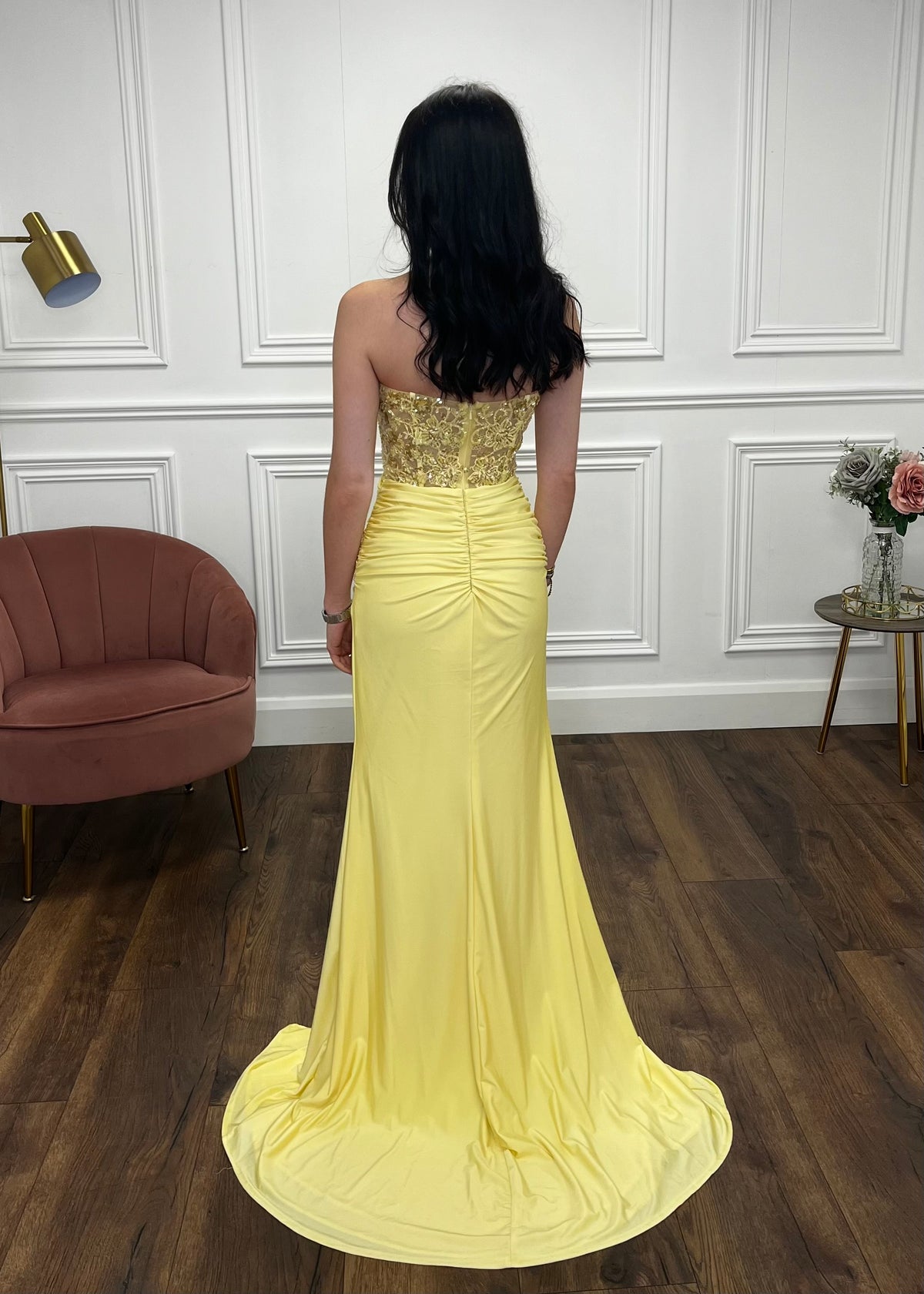 Yellow Strapless Prom Dress With Beaded Top