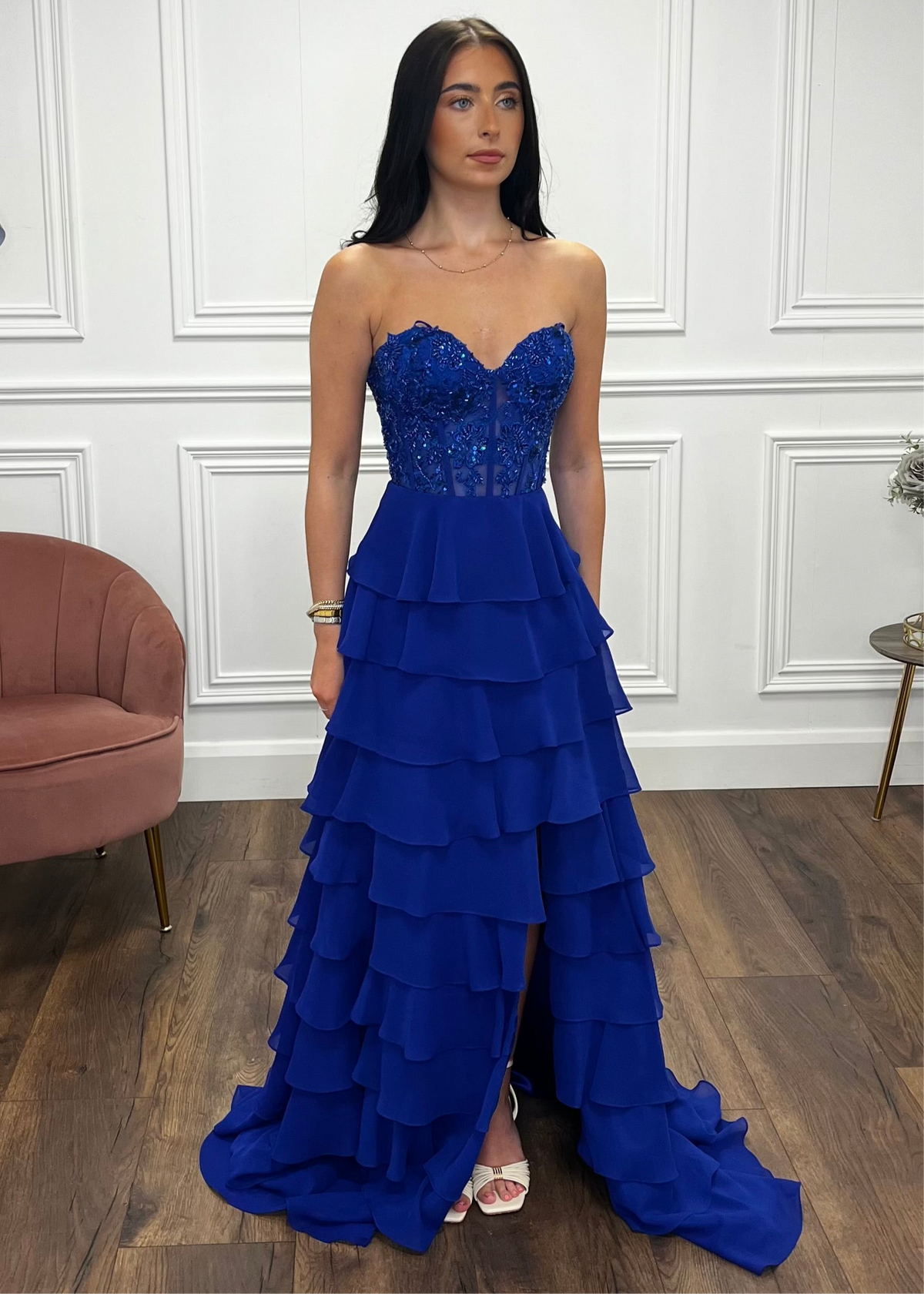 Royal Blue Prom Dress With Beaded Top And Tiered Ruffle Skirt