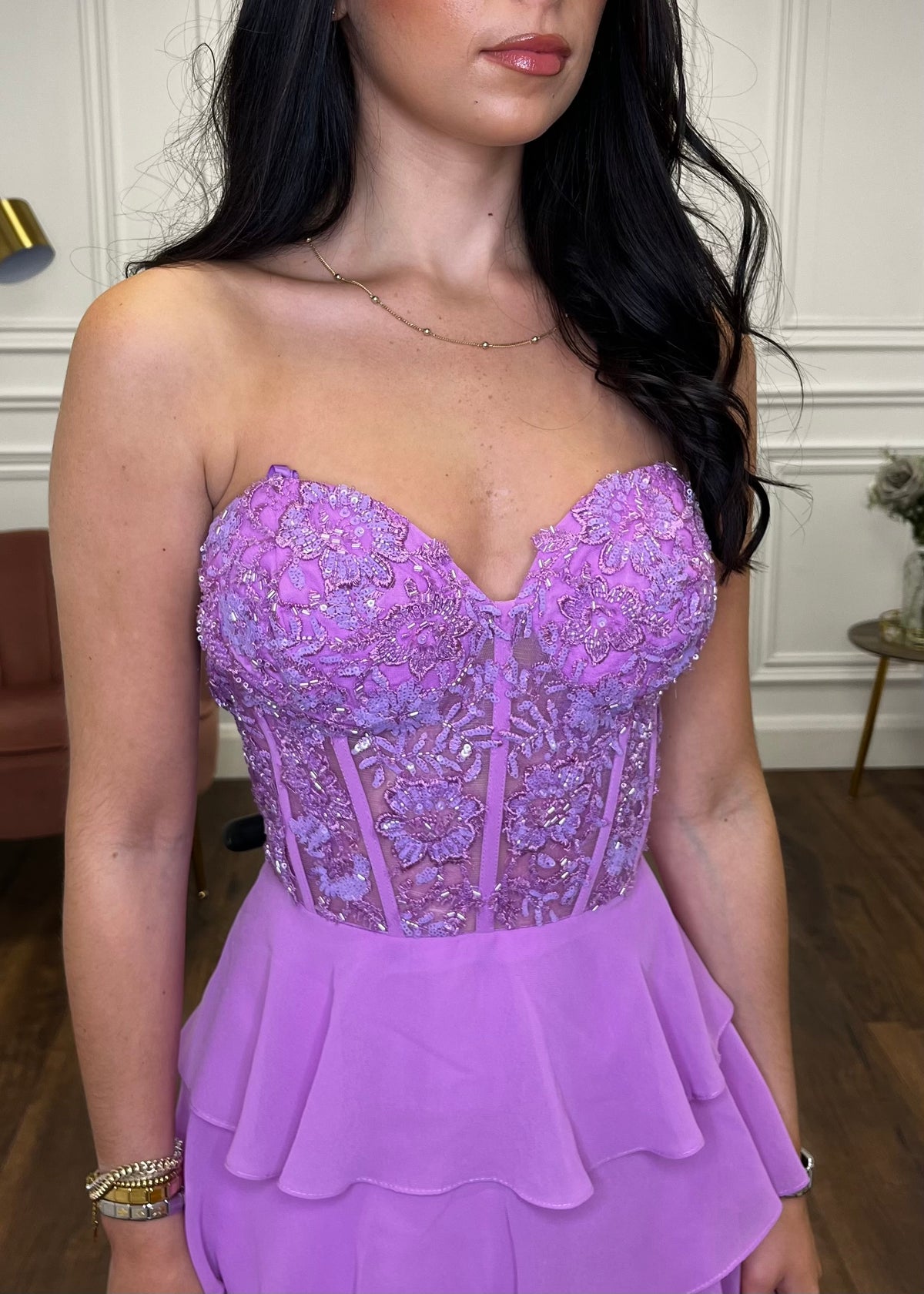 Lilac Prom Dress With Beaded Top And Tiered Ruffle Skirt