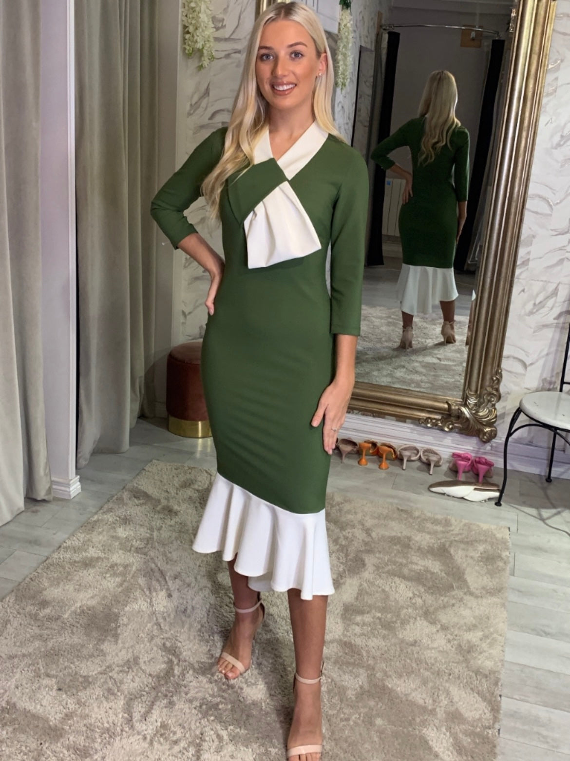 Khaki And Cream Fitted Dress With Ruffle Hem