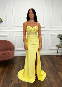 Yellow Strapless Prom Dress With Beaded Top