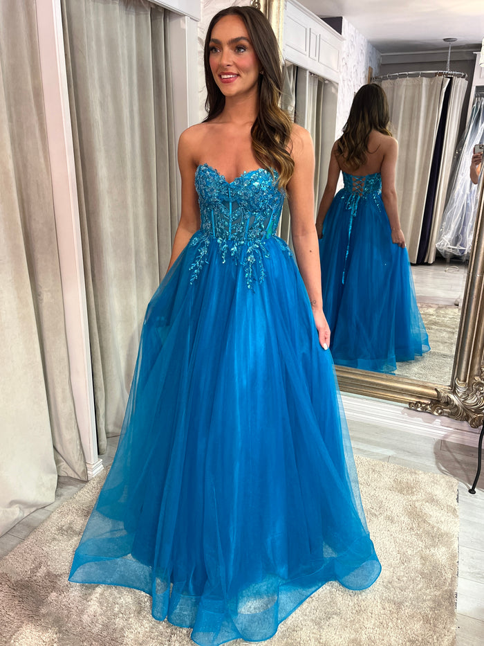 Teal Strapless A-Line Prom Dress With Beaded Top