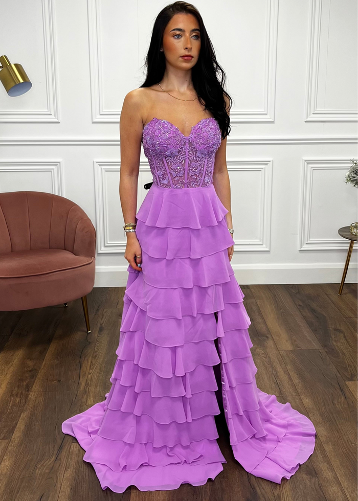Lilac Prom Dress With Beaded Top And Tiered Ruffle Skirt