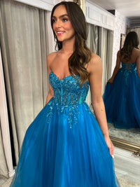 Teal Strapless A-Line Prom Dress With Beaded Top
