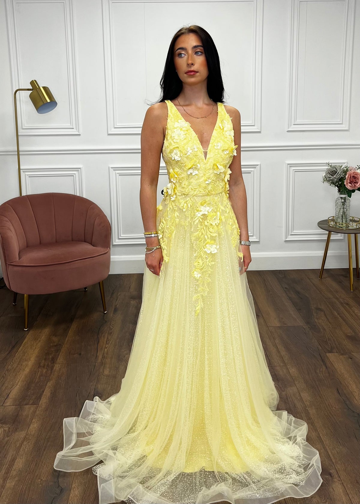 Yellow A-Line Prom Dress With 3D Floral Detail