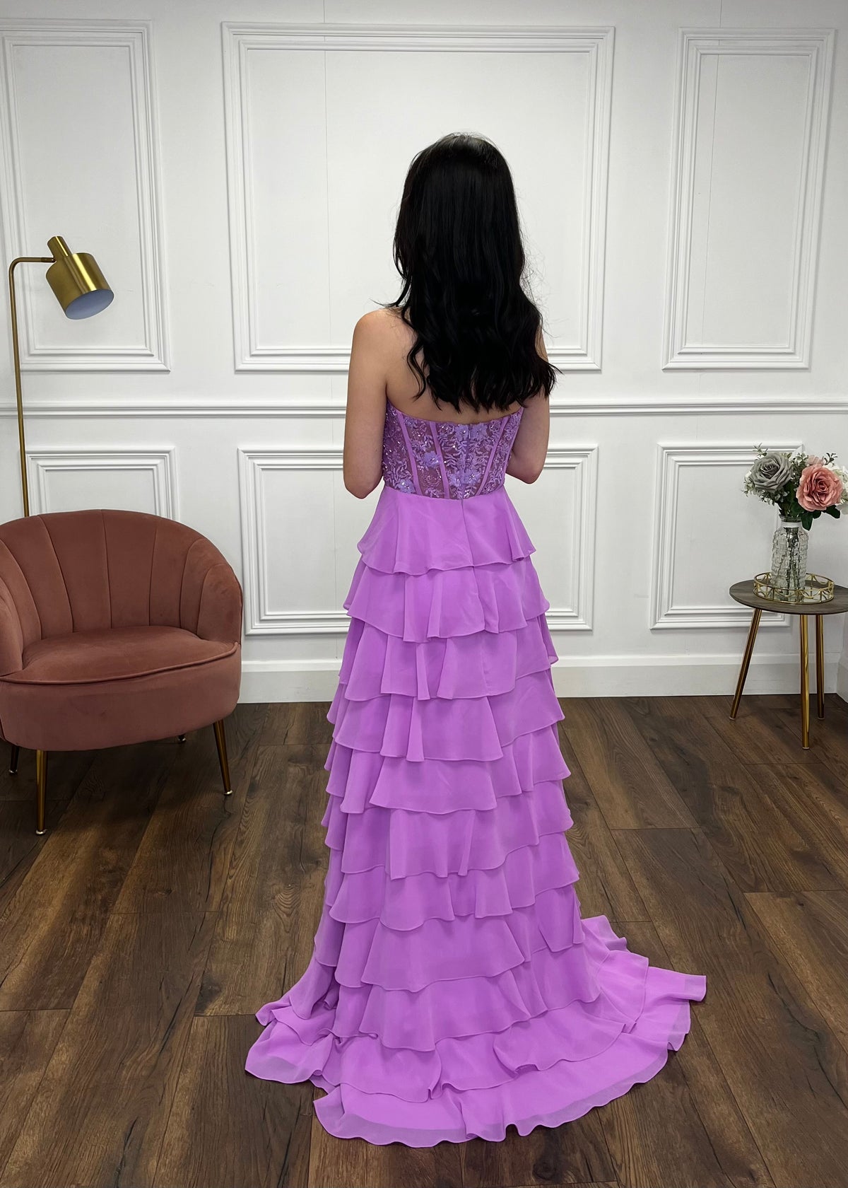 Lilac Prom Dress With Beaded Top And Tiered Ruffle Skirt