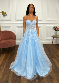 Powder Blue Strapless Ballgown With 3D Detail