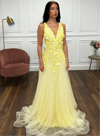 Yellow A-Line Prom Dress With 3D Floral Detail
