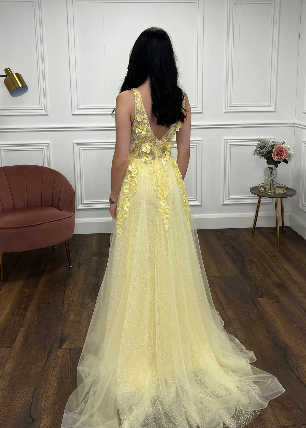 Yellow A-Line Prom Dress With 3D Floral Detail
