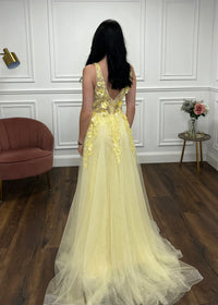 Yellow A-Line Prom Dress With 3D Floral Detail