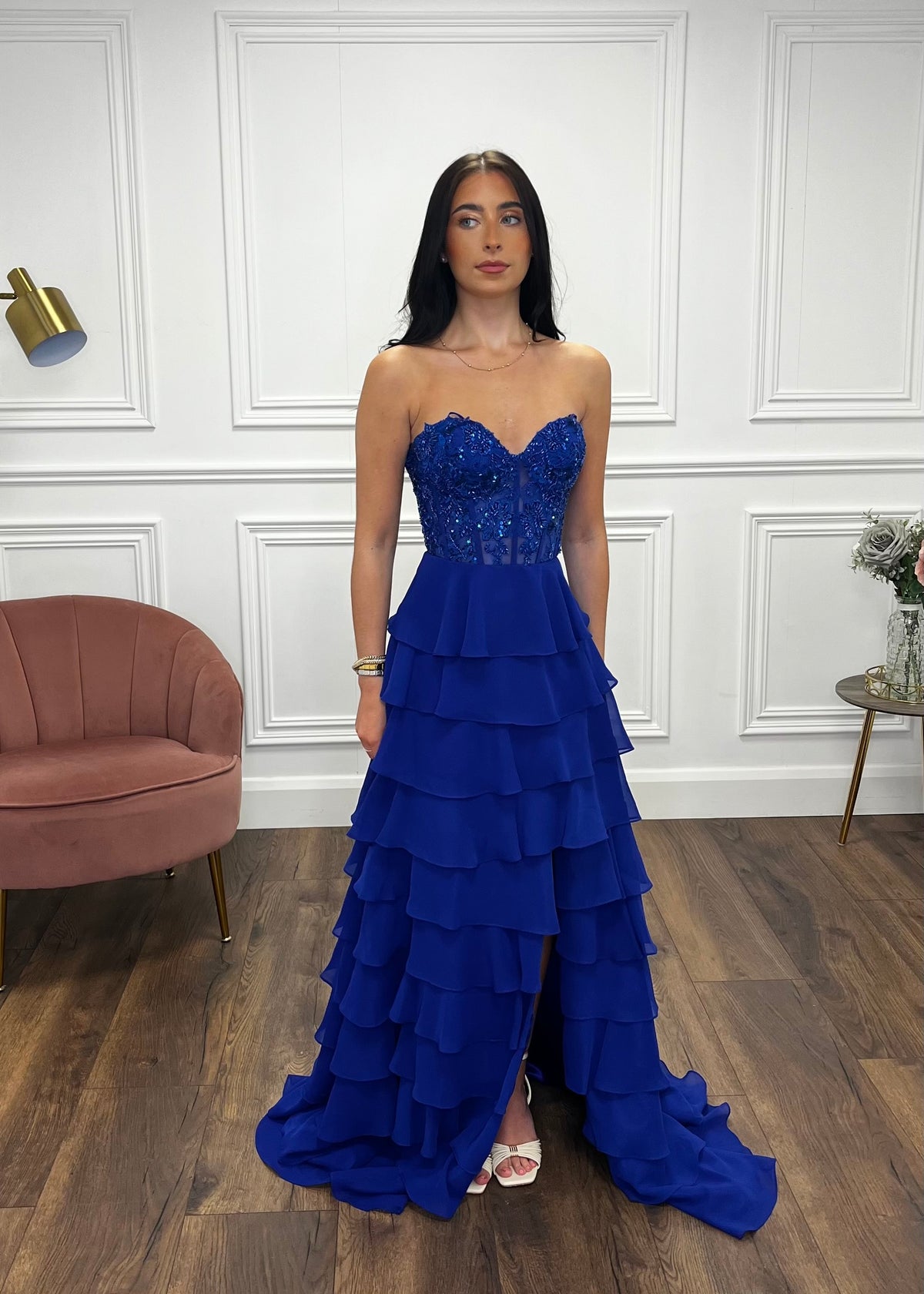 Royal Blue Prom Dress With Beaded Top And Tiered Ruffle Skirt