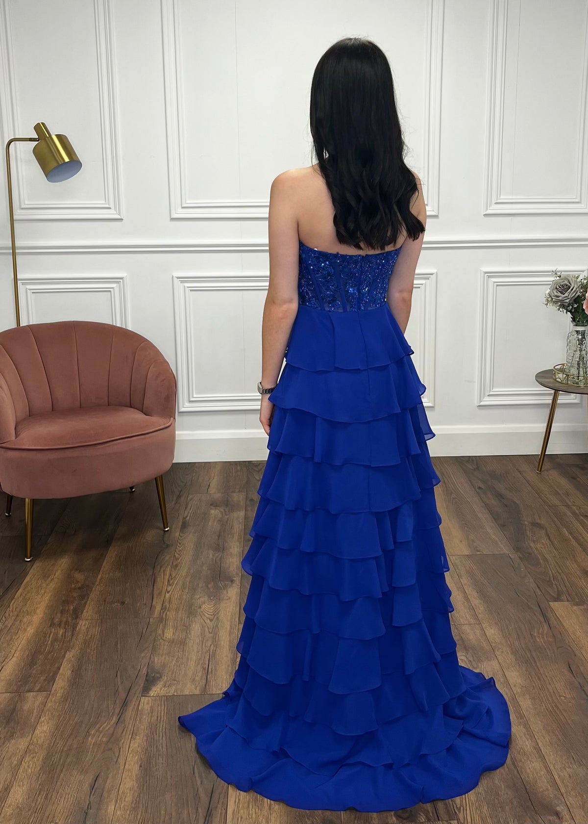 Royal Blue Prom Dress With Beaded Top And Tiered Ruffle Skirt