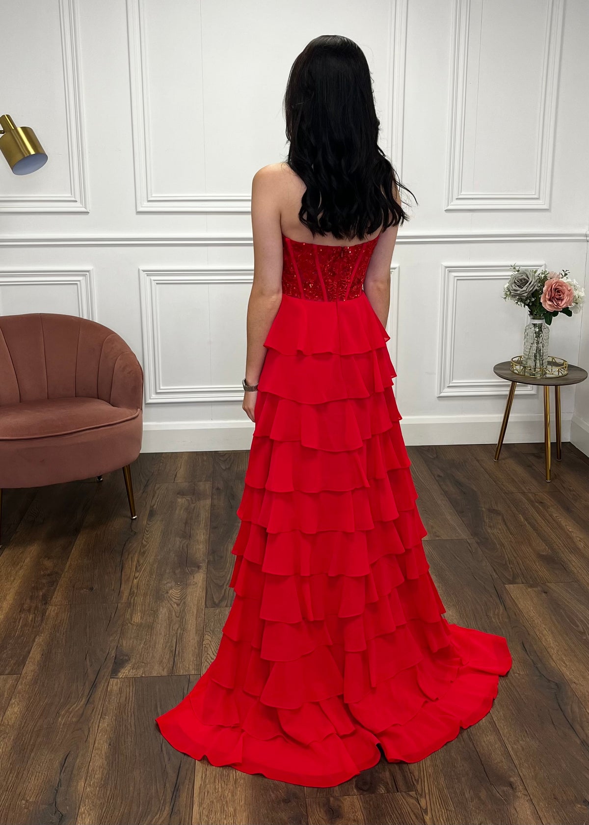 Red Prom Dress With Beaded Top And Tiered Ruffle Skirt
