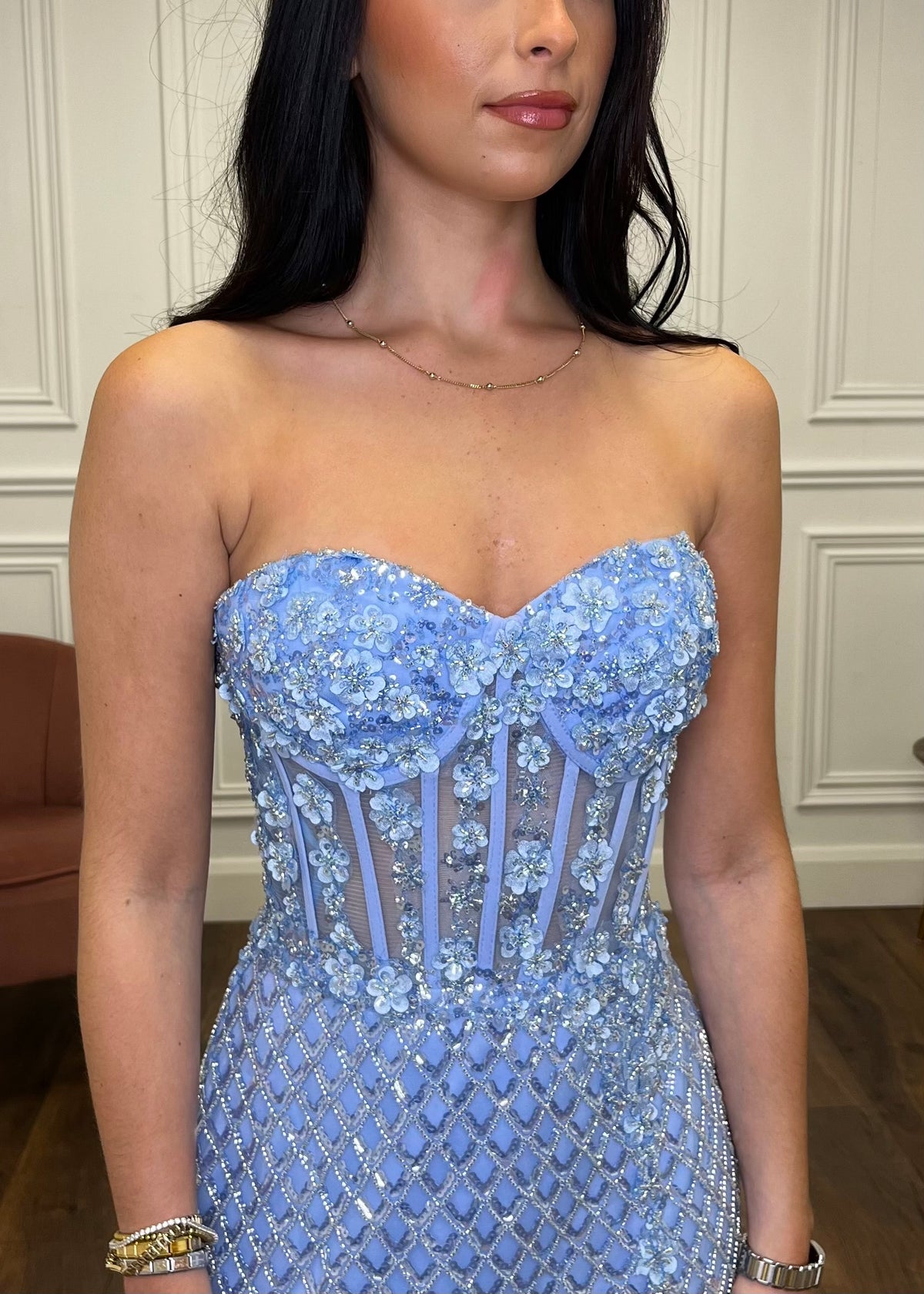 Baby Blue Fitted Fully Beaded Prom Dress With Corset Top