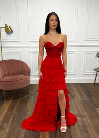 Red Prom Dress With Beaded Top And Tiered Ruffle Skirt