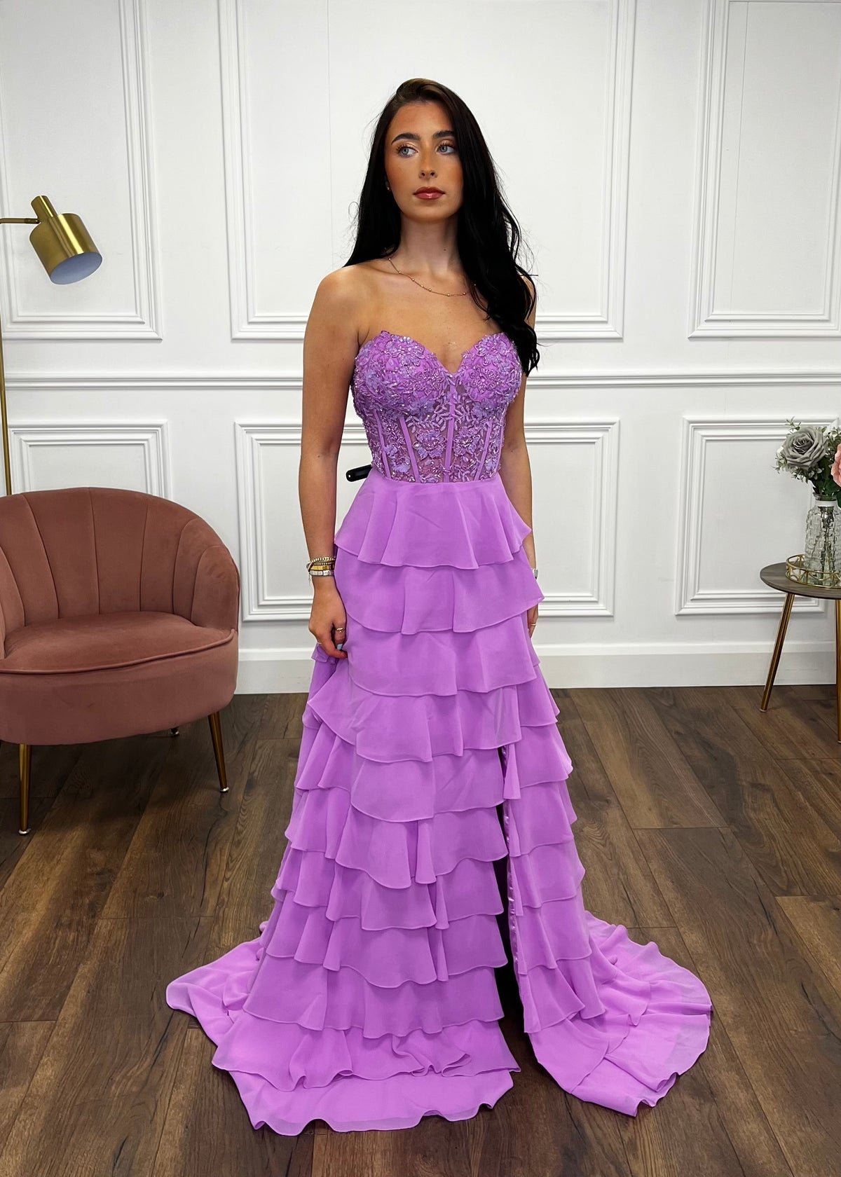 Lilac Prom Dress With Beaded Top And Tiered Ruffle Skirt