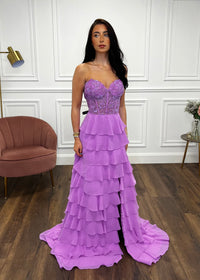 Lilac Prom Dress With Beaded Top And Tiered Ruffle Skirt