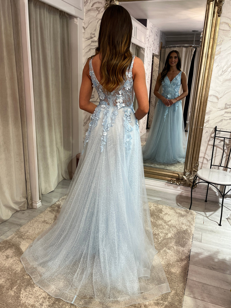 Baby Blue A-Line Prom Dress With 3D Floral Detail