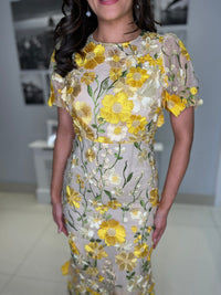 “Polly” Dress In Yellow With 3D Floral Print