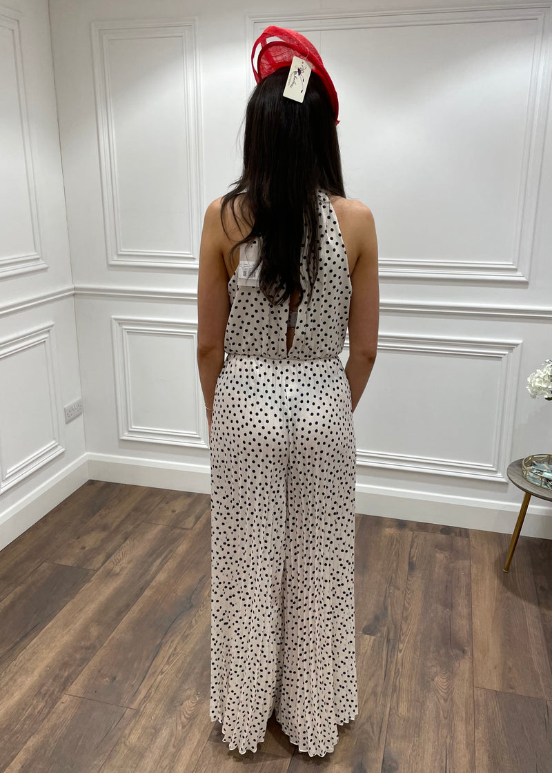 Cream And Black Polka Dot Pleated Jumpsuit
