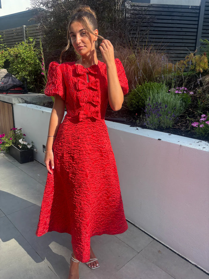“Priya” Dress In Red Jacquard