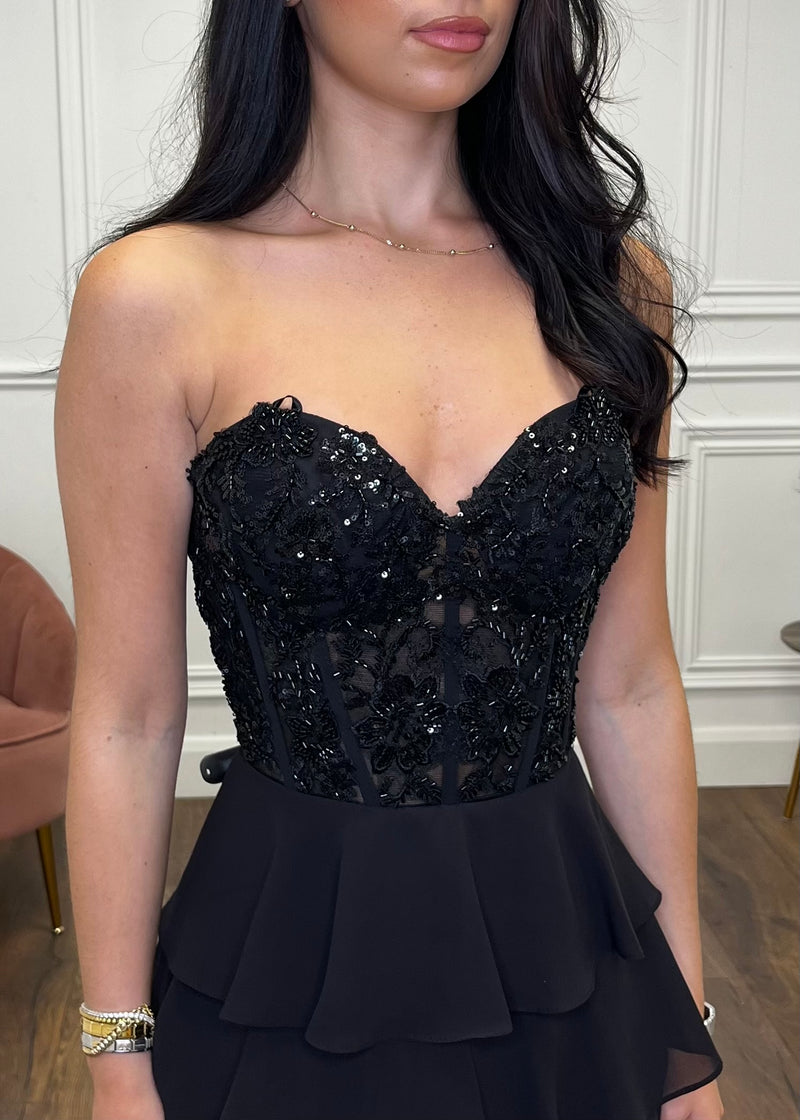 Black Prom Dress With Beaded Top And Tiered Ruffle Skirt