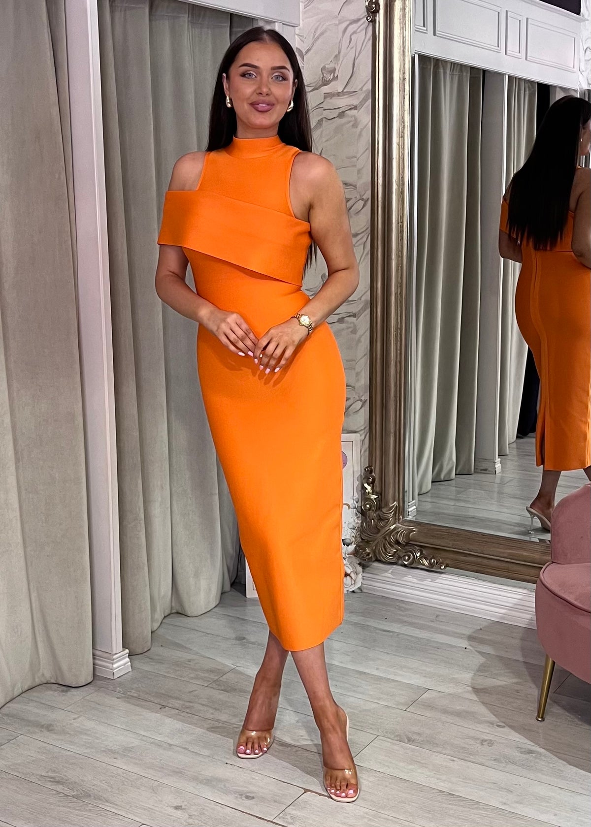 Orange Fitted Dress With High Neck