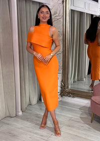 Orange Fitted Dress With High Neck