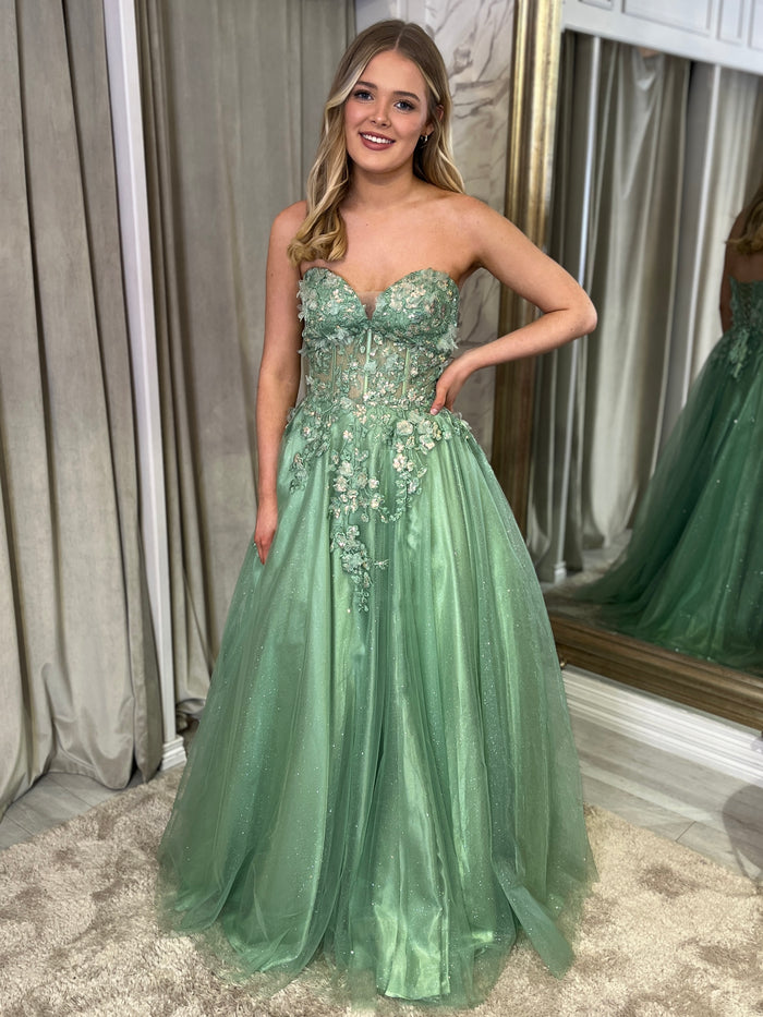 Sage Green Strapless Ballgown With 3D Detail