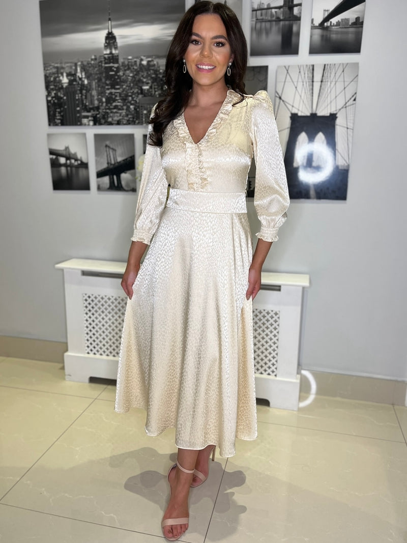 Cream Self Pattern A-Line Dress