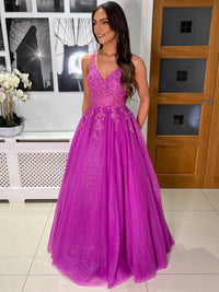 Magenta V-Neck Ballgown With Lace Detail