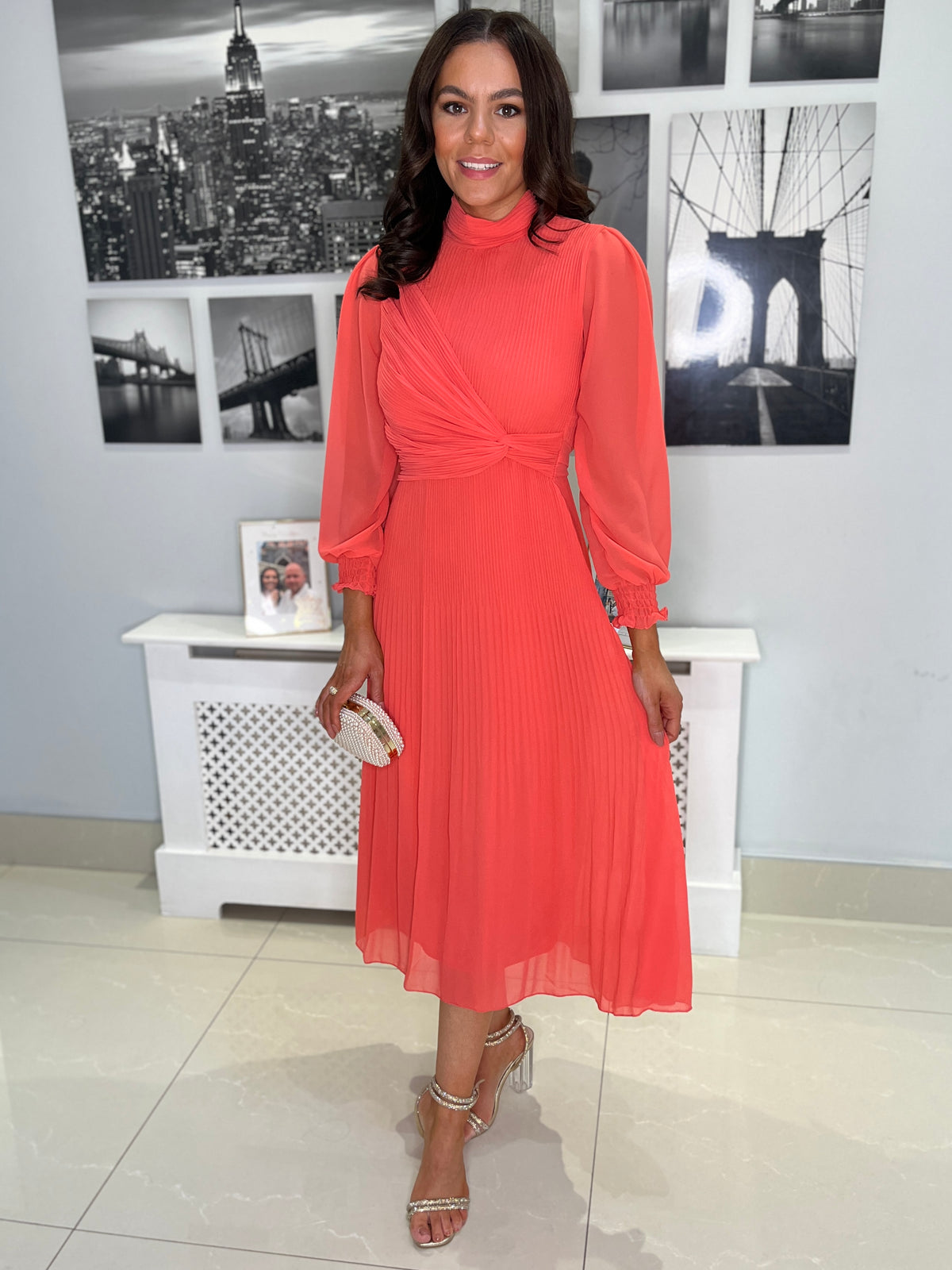 “Sophie” Pleated Dress In Coral