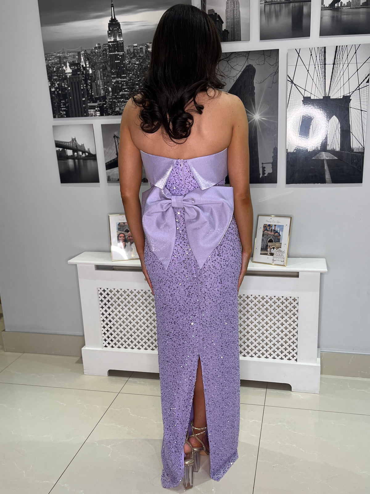Lilac Beaded Full Length Dress With Detatchable Bow