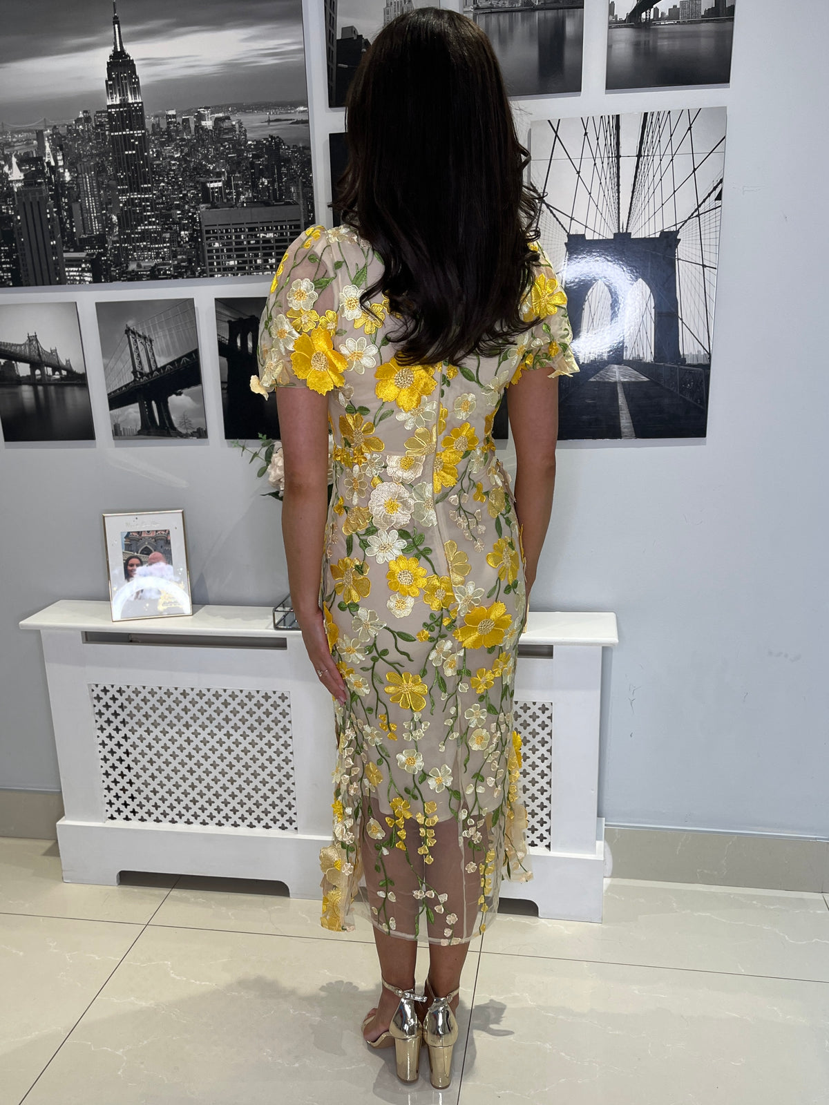 “Polly” Dress In Yellow With 3D Floral Print