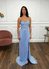 Baby Blue Fitted Fully Beaded Prom Dress With Corset Top