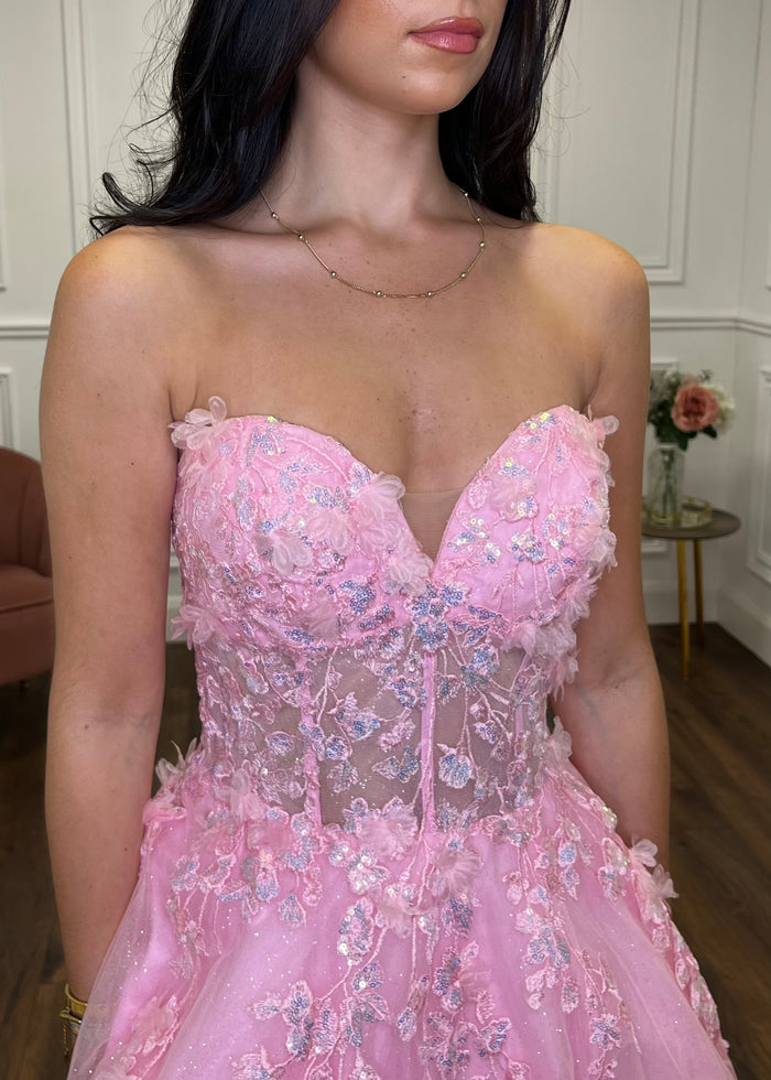 Baby Pink Strapless Ballgown With 3D Detail