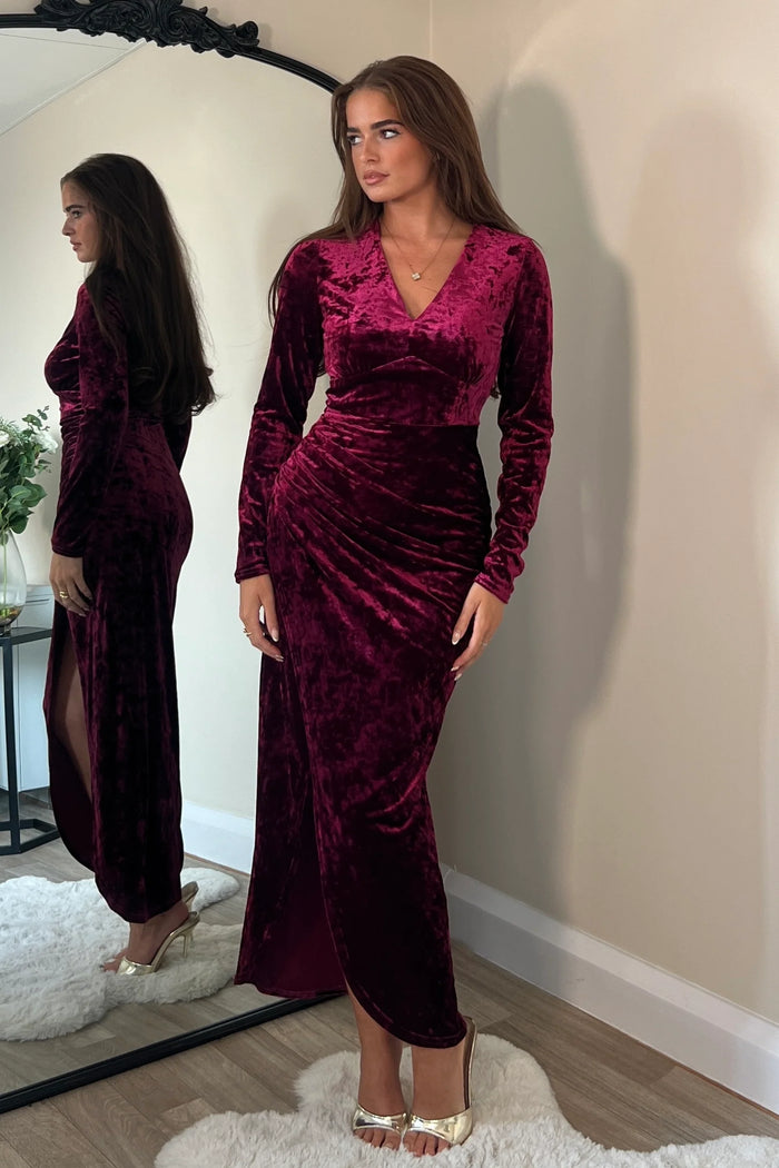 “Hailey” Dress In Burgundy Velvet