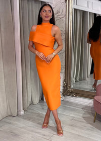 Orange Fitted Dress With High Neck