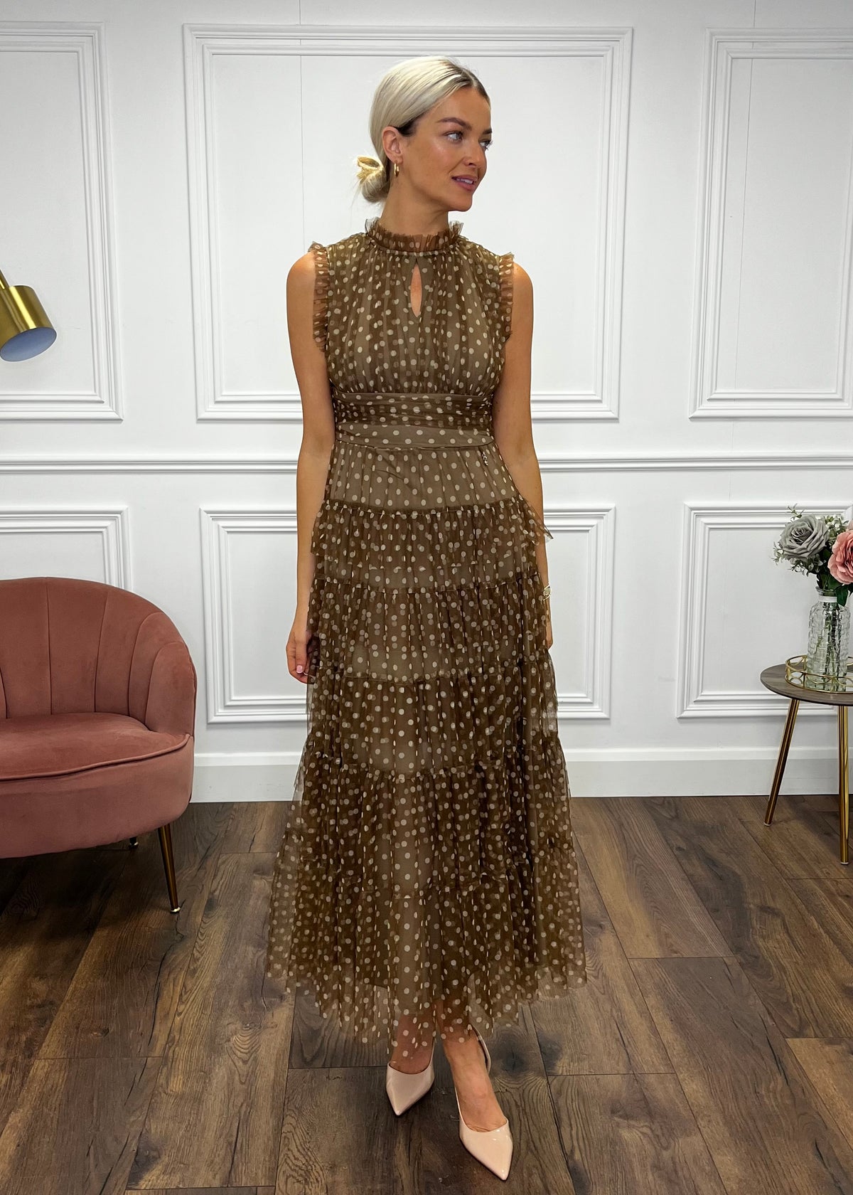 “Jillian” Dress In Tan Polka Dot