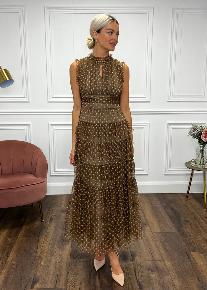 “Jillian” Dress In Tan Polka Dot