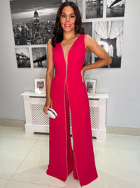 Cerise Pink Jumpsuit With Silver Diamonte Trim