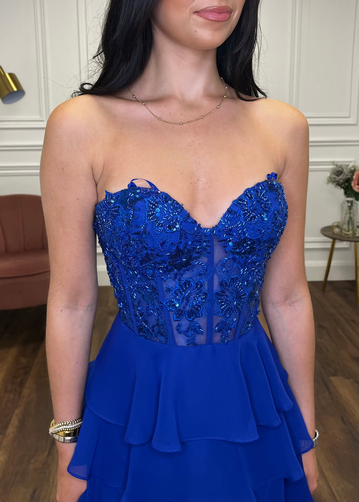 Royal Blue Prom Dress With Beaded Top And Tiered Ruffle Skirt