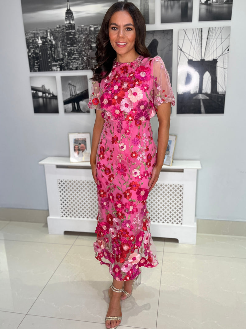 “Polly” Dress In Mixed Fuschia With 3D Floral Print