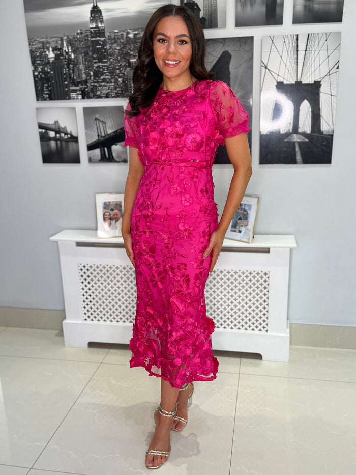 “Polly” Dress In Plain Fuschia With 3D Floral